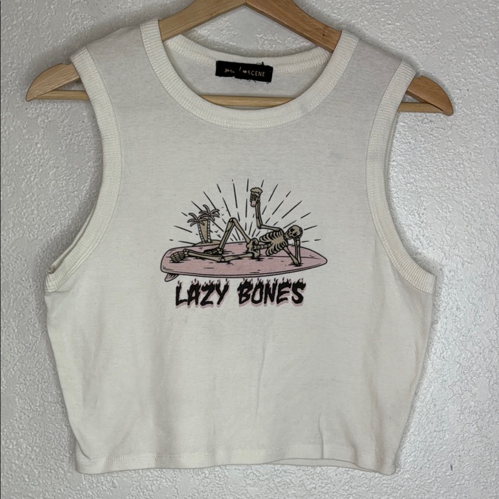 Social Scene Baby tee ribbed White Sleeveless Top cropped Lazy Bones Graphic